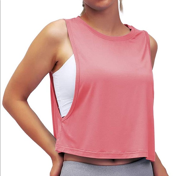 Tops - Women’s Cropped Muscle Tank Flowy Mesh Workout Top Size Small Rose Pink Like New